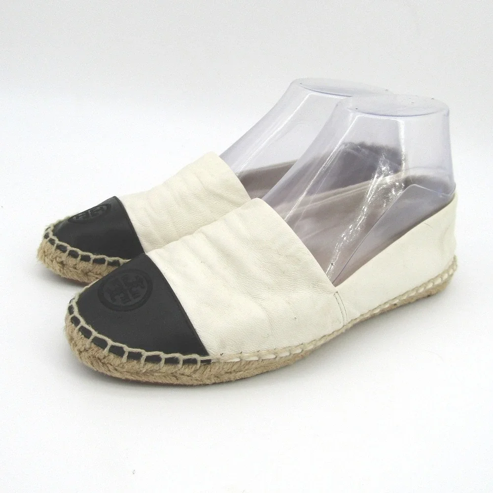 Tory Burch Womens Leather Cap Toe Espadrille Flats Cream Black Logo 8M 51158649